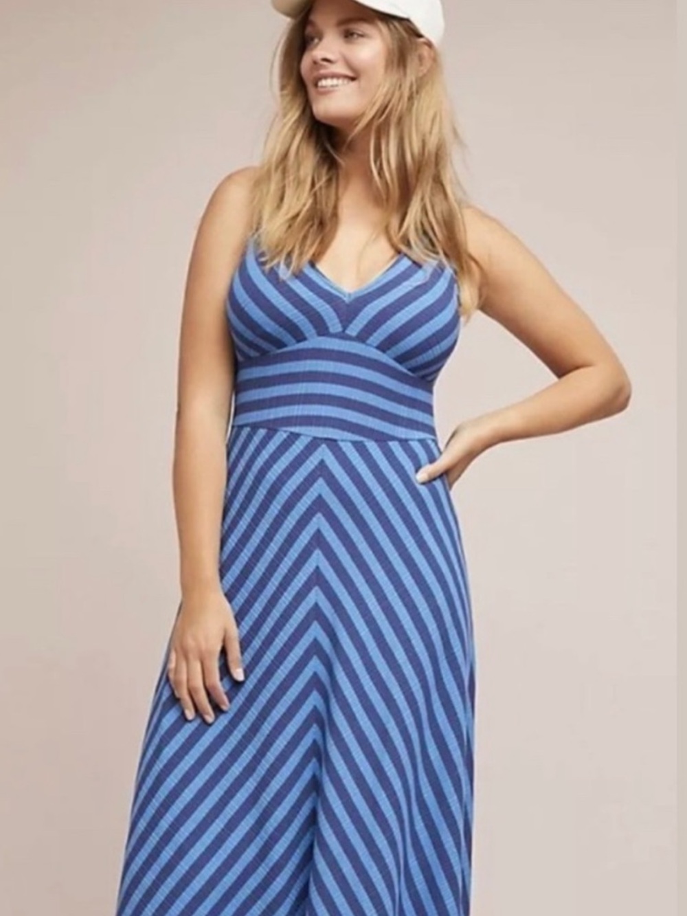 Anthropologie Maeve Blue Striped V-Neck Maxi Dress